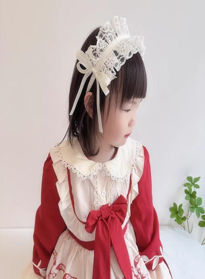 PLwelth White Flower Lace Headband Bow Wide Hairband for Kids Girls Vintage Floral Embroidered Head Bands Thick Headbands with Teeth Elegant Hair Accessories for Cosplay Tea Party Princess Wedding - Image 2
